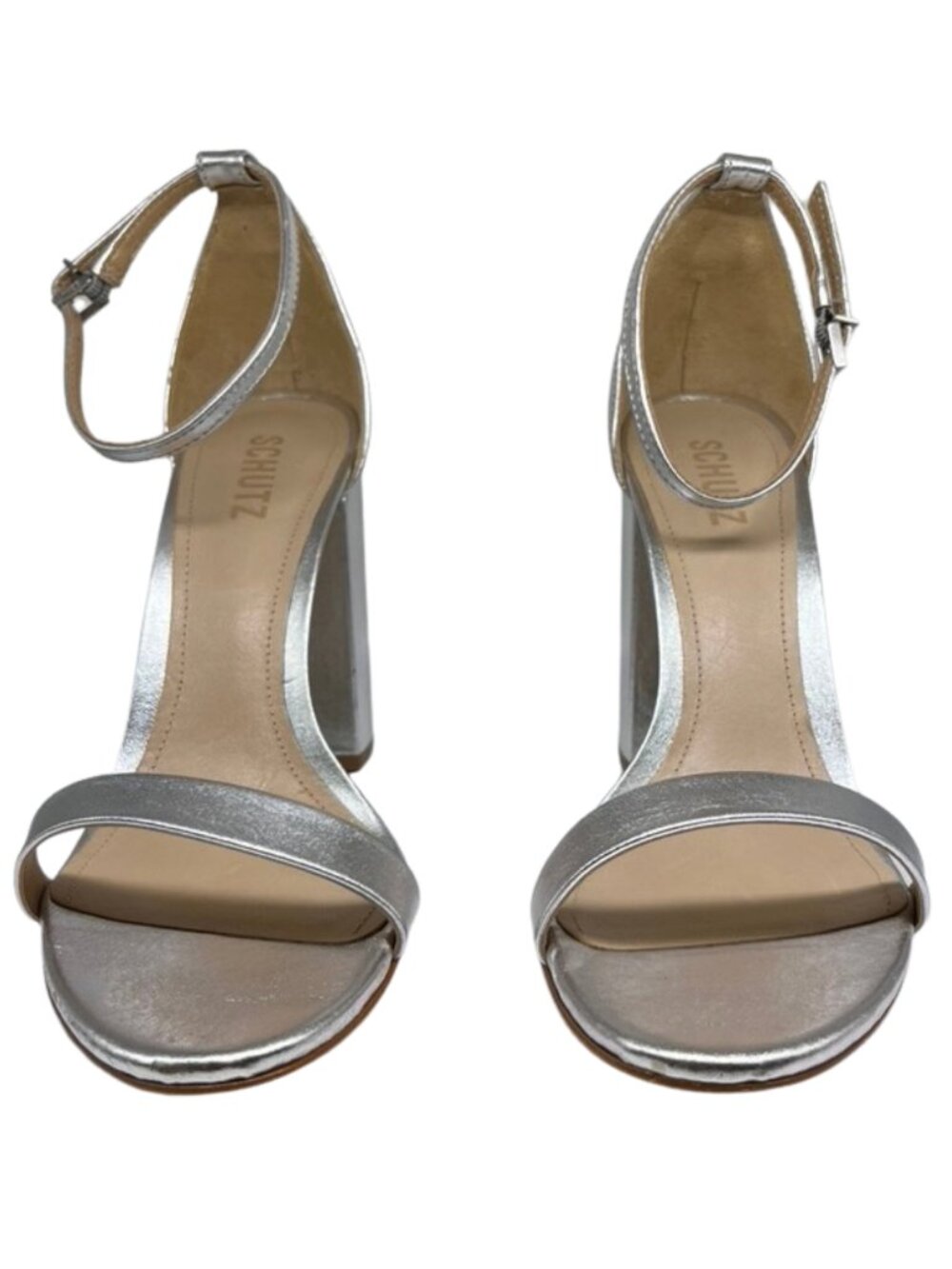 SCHUTZ Cadey Lee Block Silver Metallic Leather Heels Size 10B